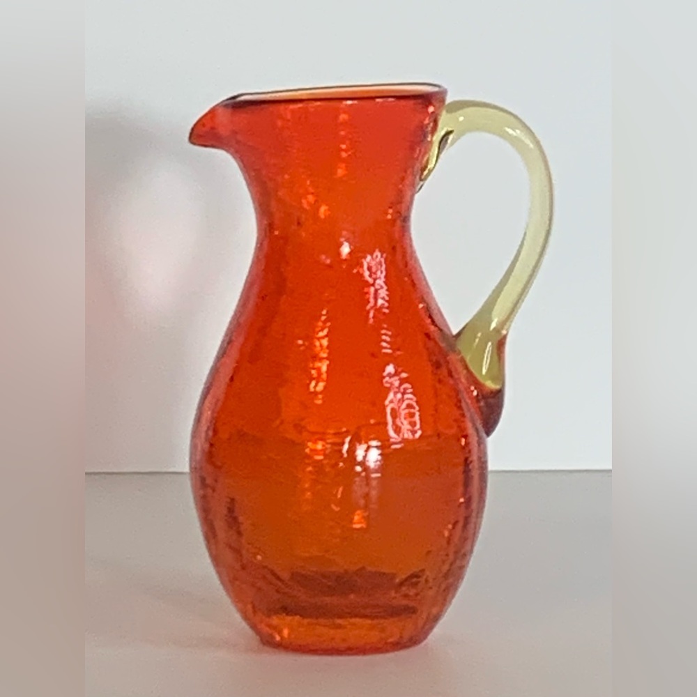 Vintage Orange/Yellow Handblown Crackle Glass Pitcher